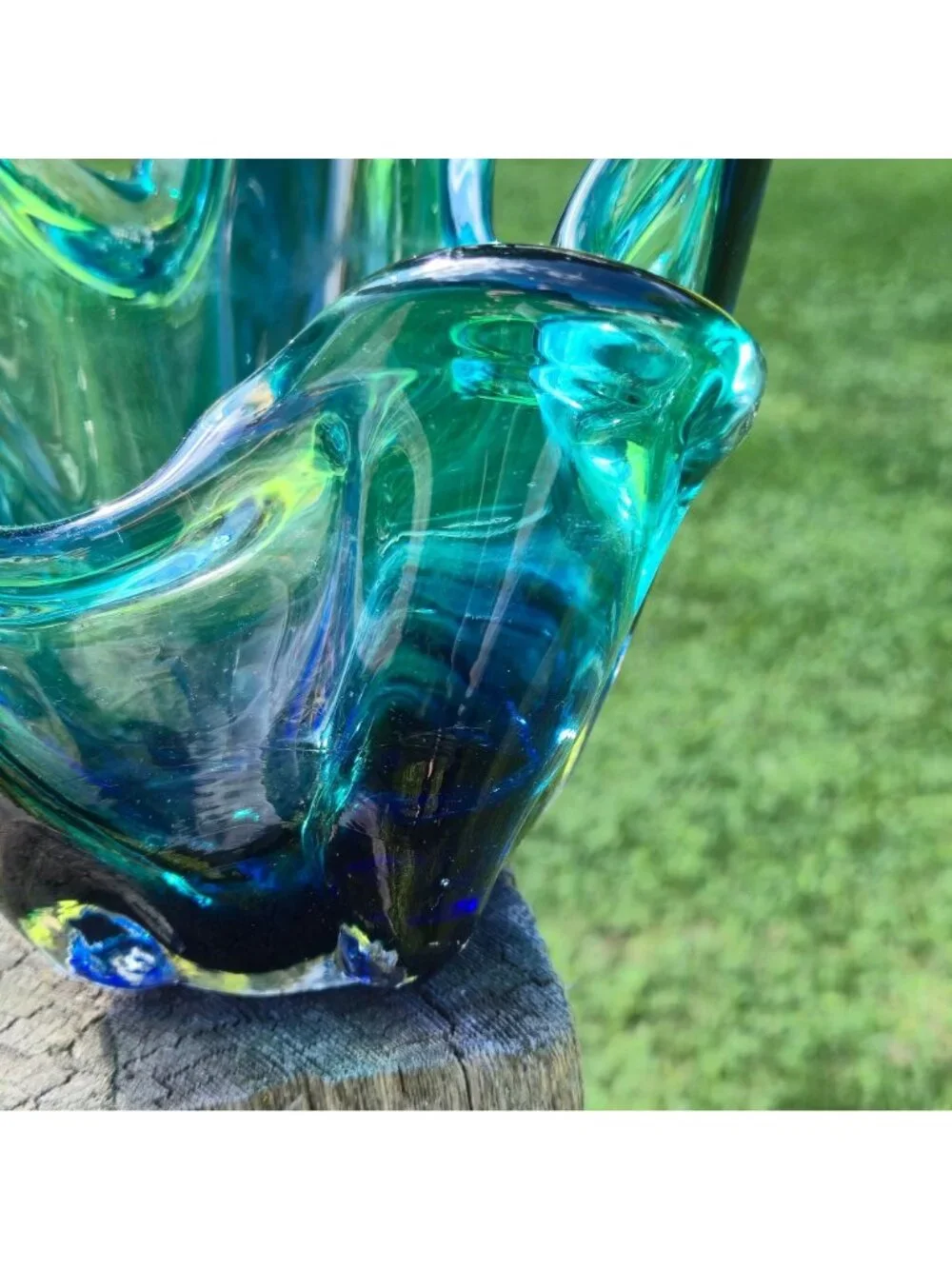 Turquoise Aquamarine Handkerchief Glass Vase MCM Mod Rippled VTG Sculptural Art
